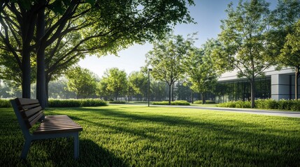 Fototapeta premium Modern office park with green lawn trees and bench
