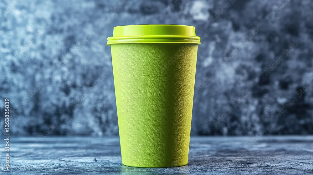 Poster a matte green insulated food container standing on a textured surface with soft, diffused lighting. 