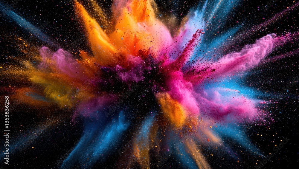 Poster vibrant explosion of colorful powder across a dark background capturing dynamic motion and artistic 