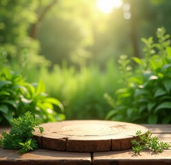 Rustic wooden podium or tree stump table in a lush green garden with soft sunlight filtering through the trees. A perfect natural backdrop for product display, food photography, or outdoor themed 