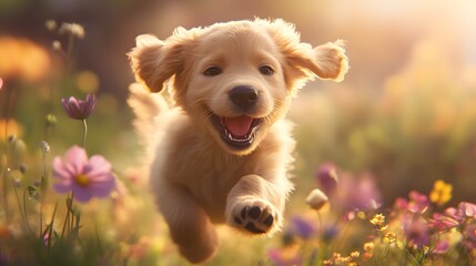 Golden Retriever puppy in a field: An adorable golden retriever puppy jumps and plays in a blooming meadow. bathed in the warm glow of the sun, capturing joy and happiness.