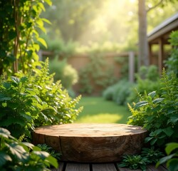 Rustic wooden podium or tree stump table in a lush green garden with soft sunlight filtering through the trees. A perfect natural backdrop for product display, food photography, or outdoor themed 