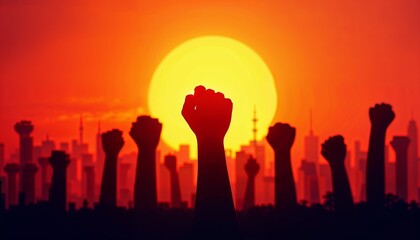 Fototapeta premium Silhouetted Raised Fists Against Sunset Symbolizing Unity and Protest