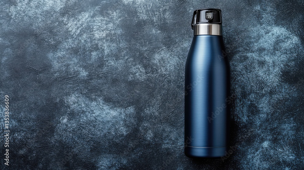 Poster a modern insulated flask with a digital temperature display, placed on a smooth dark surface. tech-i