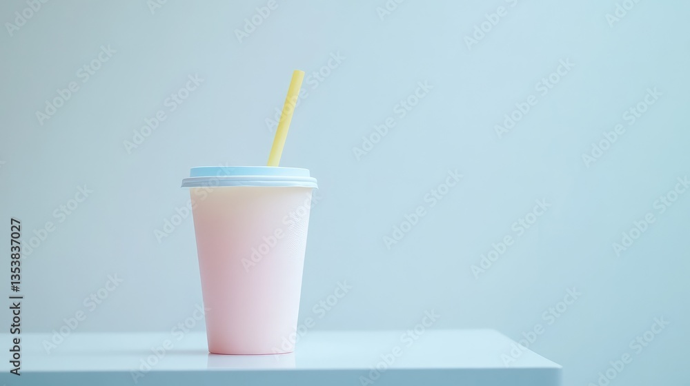 Poster a pastel-colored insulated cup with a straw, placed on a white table with soft lighting. simple and 