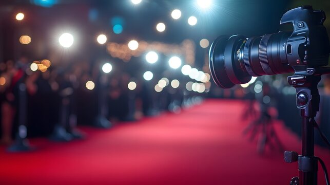 Lights, Camera, Red Carpet: A high-angle view captures a camera on a tripod, poised to document a star-studded event on a classic red carpet, under the bright, glamorous lights of a premiere.