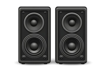 Two audio speakers stand on white background for music, sound system advertising