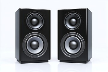 Obraz premium Two black speakers showing acoustics. Audio device on white for sound listening