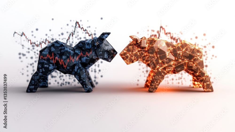 Poster digital rende of a stylized bull and bear composed of fragmented data and stock market charts symbol