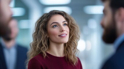 Woman looking up with colleagues