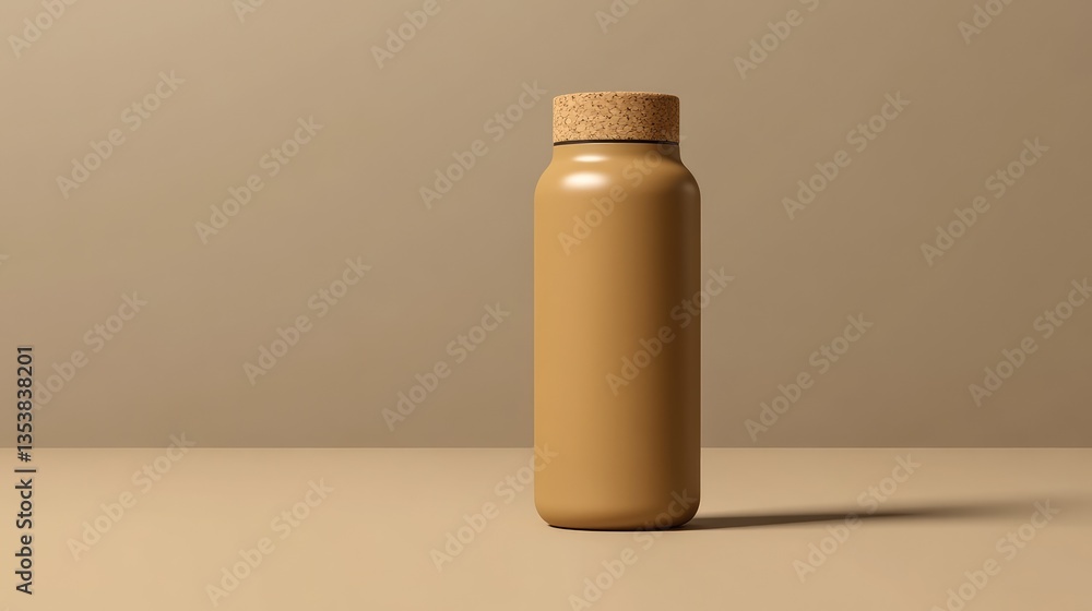 Poster a reusable eco-friendly insulated bottle with a cork lid, placed on a neutral background. sustainabl