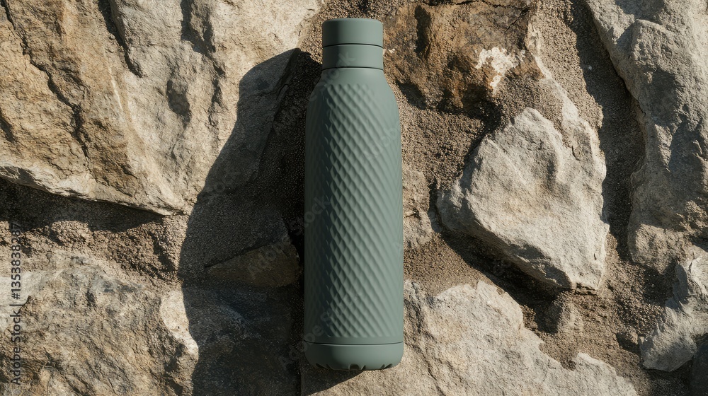 Poster a reusable insulated bottle with a unique textured grip, placed on a smooth stone surface. functiona
