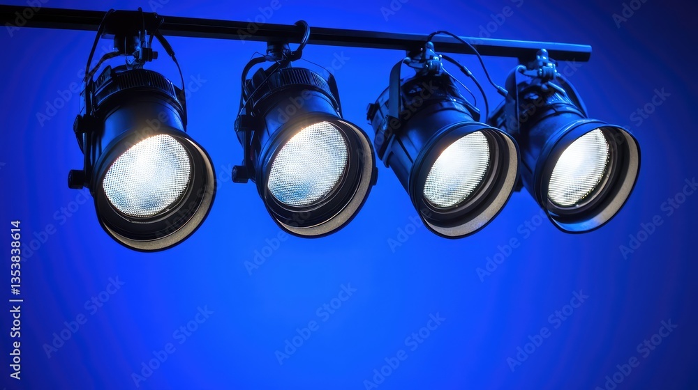 Poster a row of high-intensity stage lights positioned above the stage, casting sharp beams of light with c