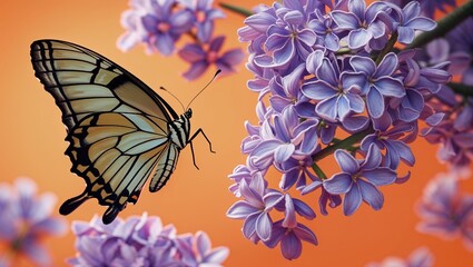 Butterfly on Blooming Lilac - Photorealistic Close-Up on Orange Background