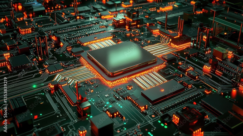 Aufkleber futuristic ai-driven motherboard with glowing electronic pathways and dynamic energy pulses.