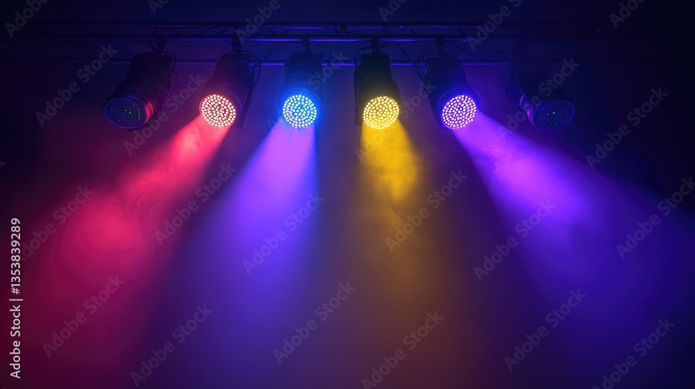Poster a set of colorful theater lights casting vibrant beams of light on the stage, creating a dramatic at