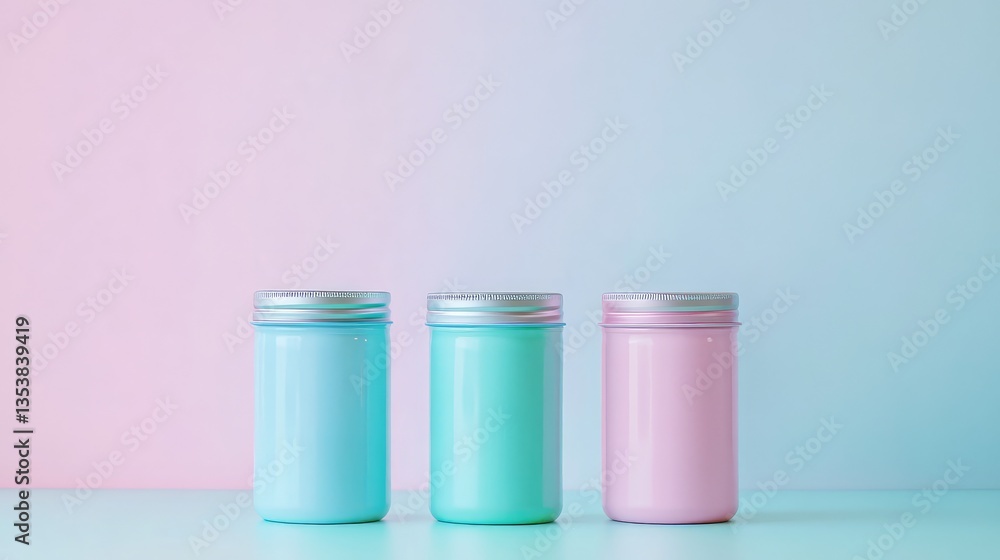 Poster a set of insulated food jars with different lid designs, placed side by side on a smooth pastel-colo