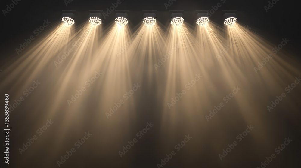 Poster a set of rotating theater lights casting beams of light in all directions, creating an energetic atm