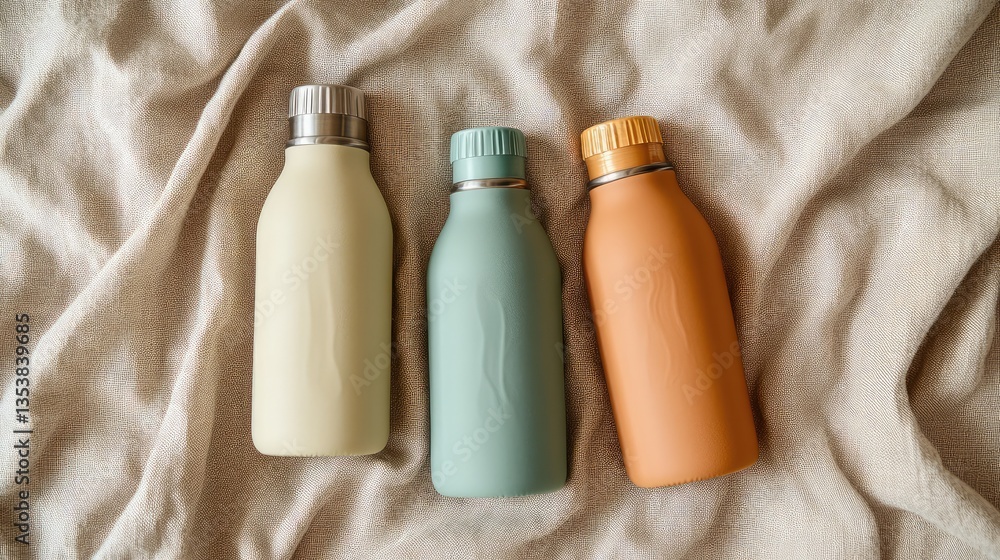 Poster a set of three insulated bottles in different sizes and colors placed on a neutral fabric surface. s