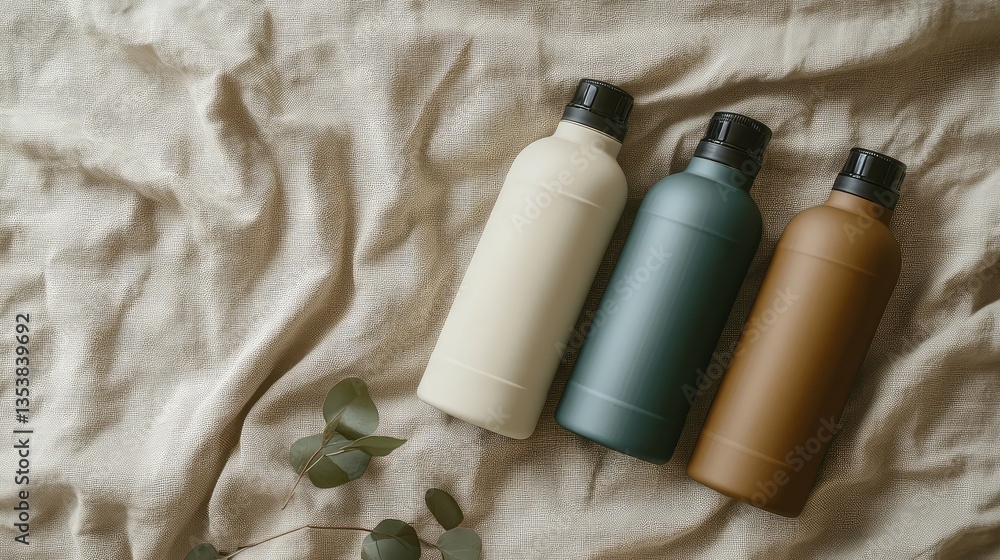 Poster a set of three insulated bottles in different sizes and colors placed on a neutral fabric surface. s
