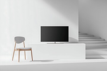TV and chair in a minimalist home, with natural light and stairs in the background