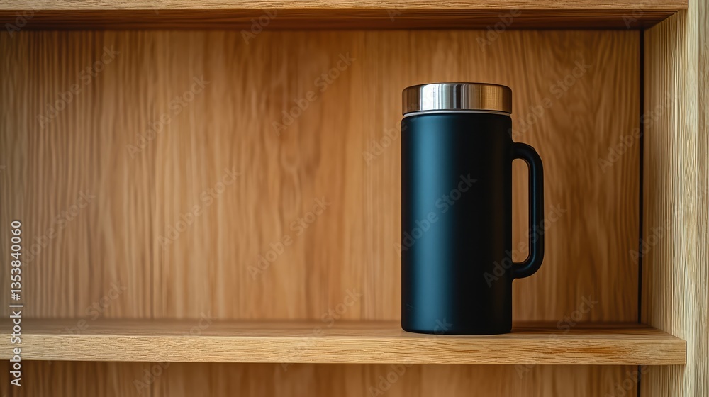 Poster a simple and modern vacuum flask with a handle placed on a wooden shelf with natural light. warm and