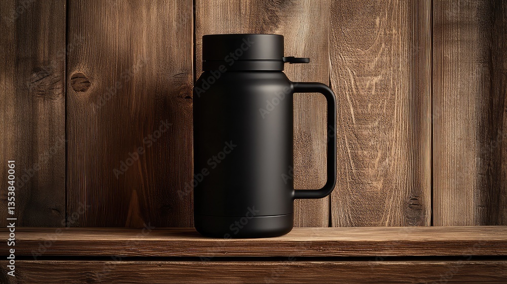 Poster a simple and modern vacuum flask with a handle placed on a wooden shelf with natural light. warm and