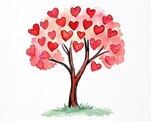 Fototapeta premium Watercolor painting of a tree adorned with numerous red hearts