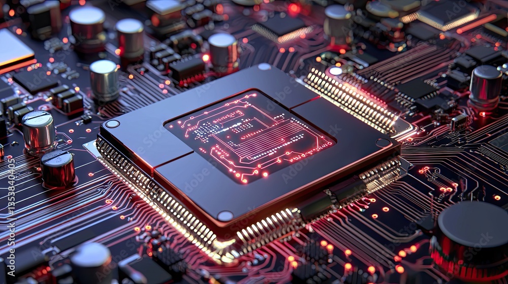 Poster futuristic transparent microprocessor chip with data flow visualization and glowing components.