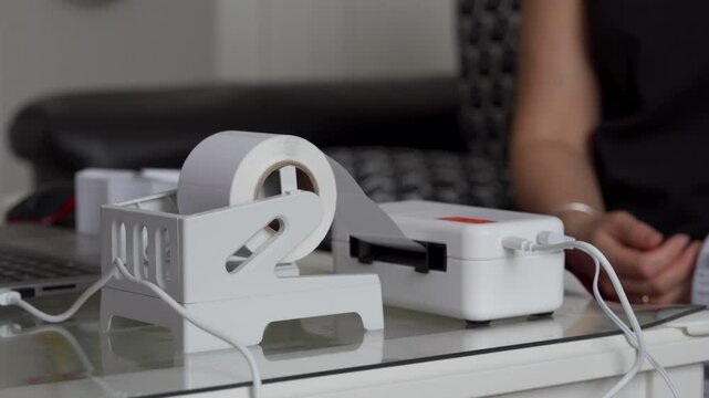 A woman uses a white label printer to maintain efficient and seamless business operations at her workspace.