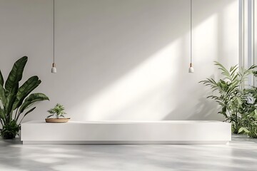 Modern interior with a table for product display and green plants. Background is plain