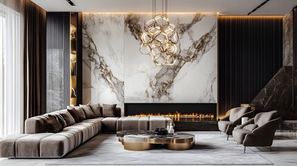 Luxury Modern Living Room – A high-end modern living room with a marble accent wall, a plush velvet sofa, a geometric chandelier, and a contemporary fireplace.