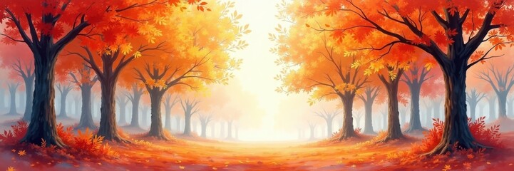 Autumn park landscape,  watercolor illustration, background with copy space