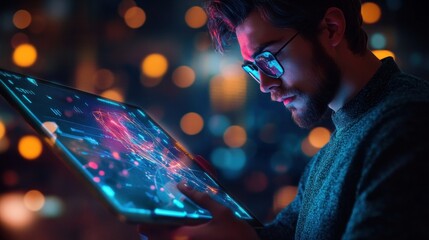 Man with futuristic digital tablet on a project