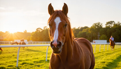 Fototapeta premium Horse enjoying the sunset on a green racetrack 