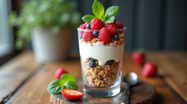 Creamy yogurt layered with crunchy granola and fresh red raspberries and blueberries. Healthy dessert, breakfast parfait