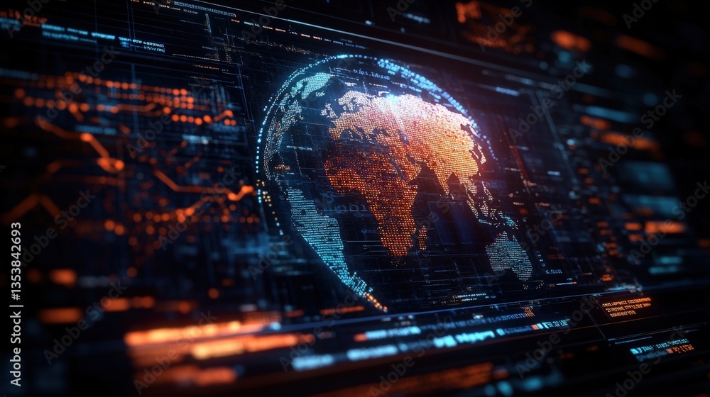 Poster a digital rende of a glowing data-rich earth displayed on a futuristic interface with surrounded tec