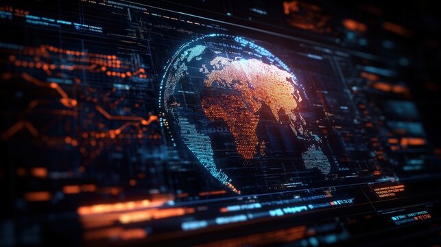 A digital rende of a glowing data-rich Earth displayed on a futuristic interface with surrounded technological readouts graphs and visual elements
