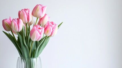 Fototapeta premium Fresh Pink Tulips in a Clear Vase on Light Background