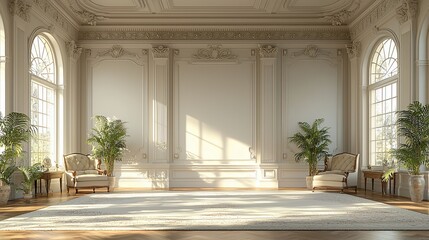 Fototapeta premium Sunlit classic interior with ornate walls, large windows, and armchairs.