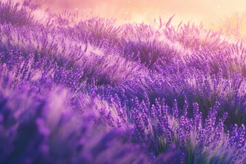 Obraz premium A field of purple lavender plants blooming under a soft light