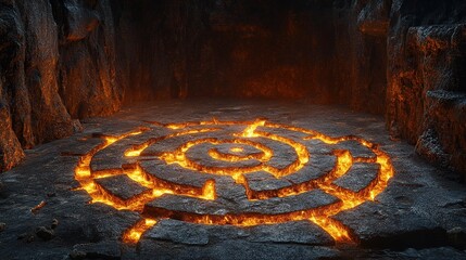 Glowing, fiery maze etched into stone floor in a dark, rocky underground cavern