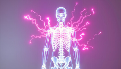 Glowing skeletal figure with electric energy bursts, surreal mood, copy space