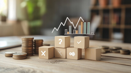 Coins, symbols, and graphs on a wooden table: A visual concept of decision-making in finance