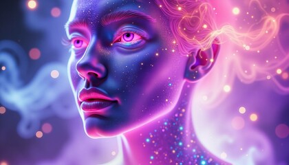 Cosmic woman with luminous skin, immersed in vibrant colors and magical aura