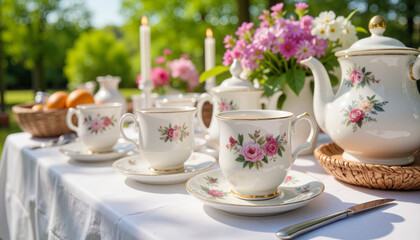 Elegant tea set with flowers and candles on a picnic table  