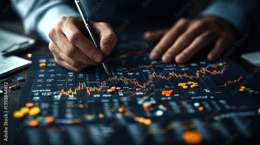 Poster close-up of person's hands analyzing complex financial data charts graphs with colored markers sugge