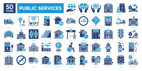 Public services icon collection set, including transportation, healthcare, safety, utilities, and government facilities. Ideal for maps, infographics, and urban planning designs.
