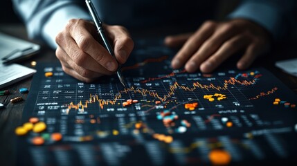 Naklejka premium Close-up of Person's Hands Analyzing Complex Financial Data Charts Graphs with Colored Markers Suggesting Detailed Market Analysis and Insights