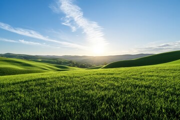 Rolling green hills at sunrise